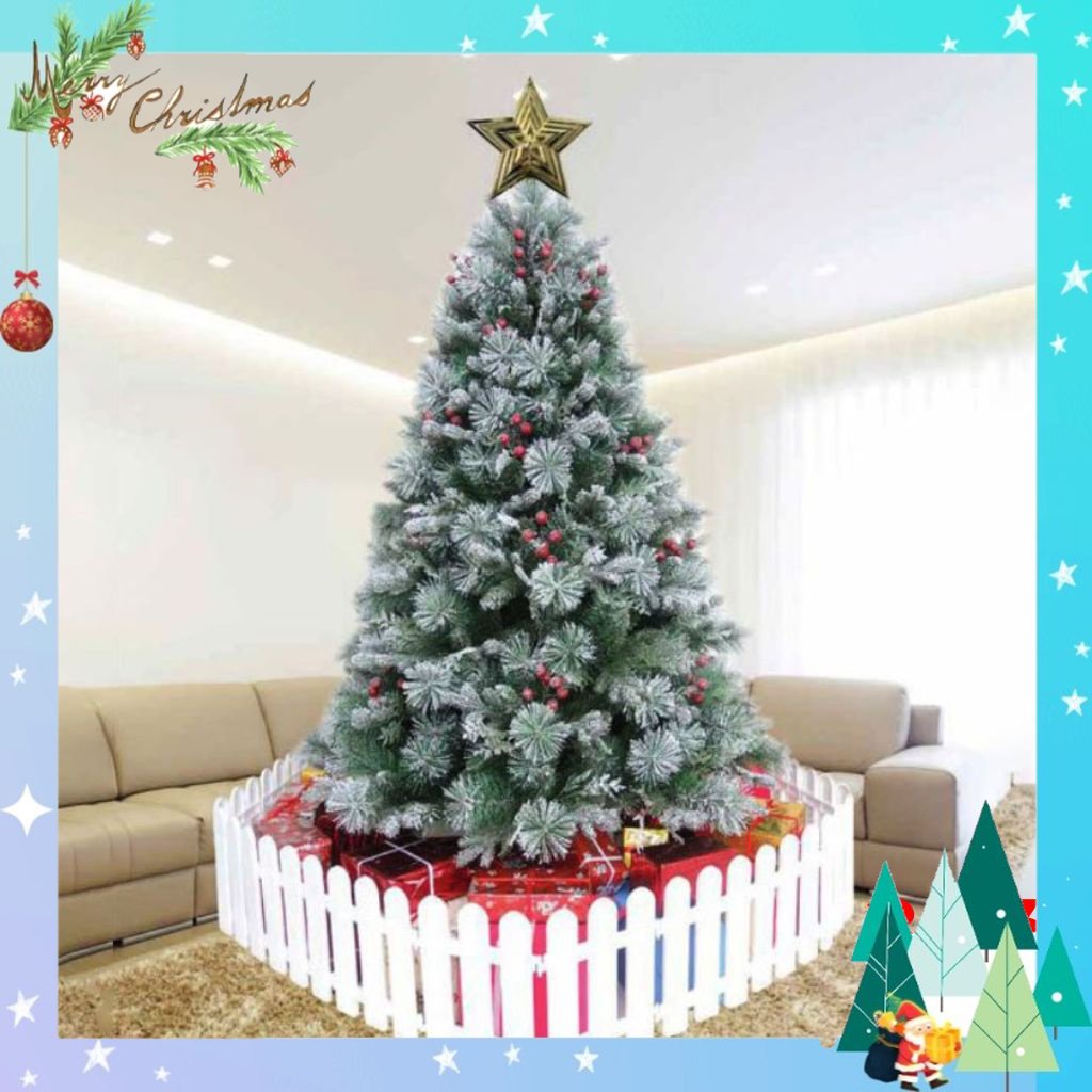 Cây thông noel phủ tuyết 3m6, câu thông noel cước đầu loa 5 loại lá gắn trái đỏ tán lá dày trang trí giáng sinh