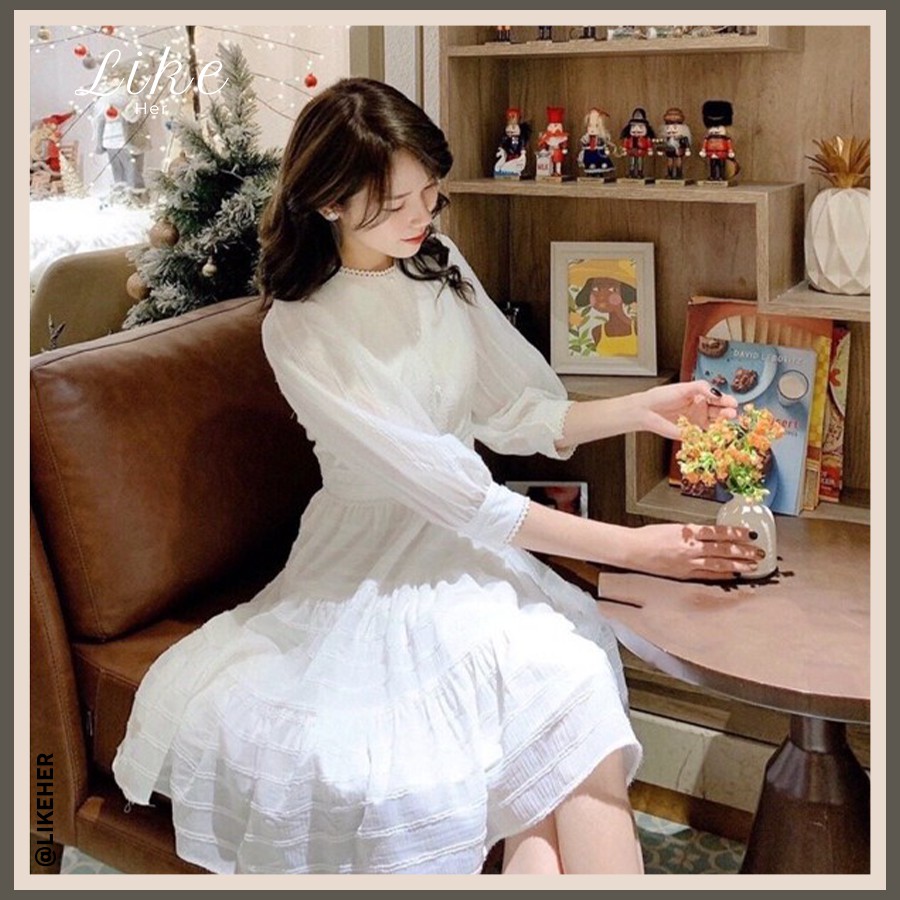 ĐẦM DỰ TIỆC TRẮNG TAY LỠ CỔ TRÒN PHỐI REN KIỂU CÔNG CHÚA - LIKEHER