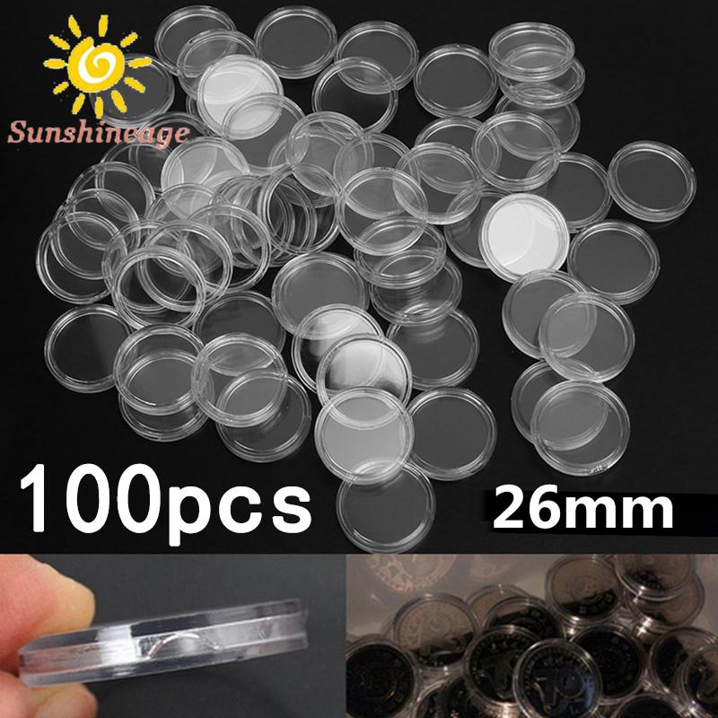 100Pcs 26mm Transparent Round Plastic Coin Container Capsule  Containers Storage Boxes Case