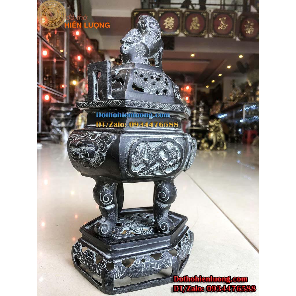 Lư Đỉnh Xông Trầm Lục Giác Hoa Văn Tùng Cúc Trúc Mai Tai Vuông Màu Đen Giả Cổ Bằng Đồng Nguyên Chất
