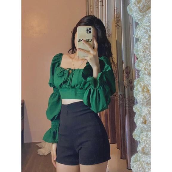 Áo Sơ Mi Đũi Croptop , Áo Kiểu Dáng Ngắn Cách Điệu Màu Xanh Lá Hottrend 2022