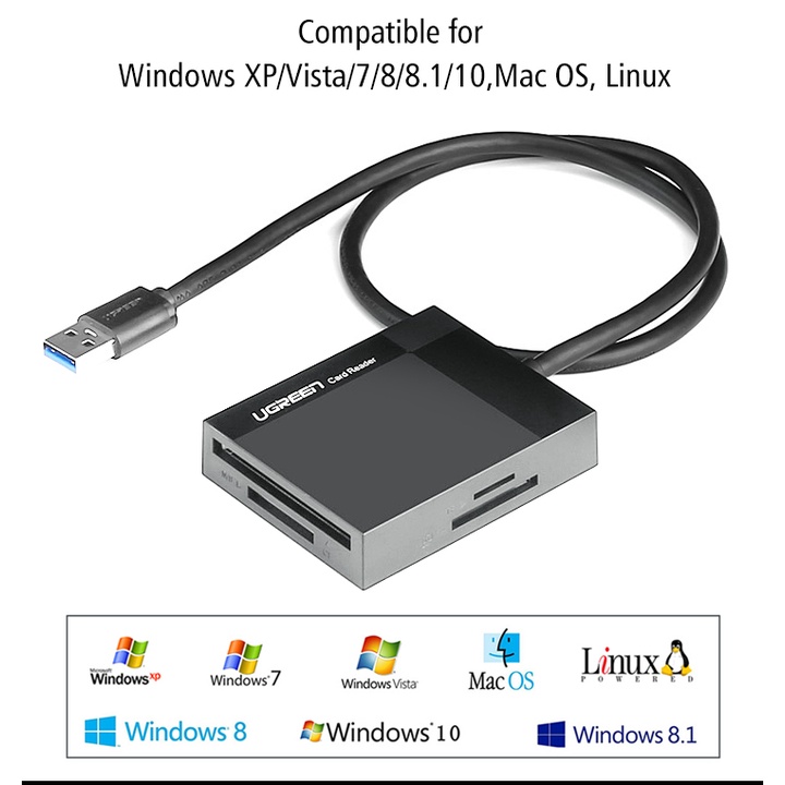 Đầu đọc thẻ USB 3.0 hỗ trợ thẻ TF/SD/CF/MS dài 0.5m UGREEN 30229 30333 - Hàng Chính Hãng