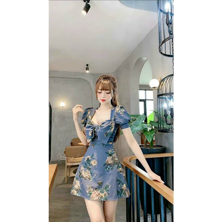 Đầm nơ ngực họa tiết hoa Vintage, ĐẦM HỌA TIẾT NƠ NGỰC