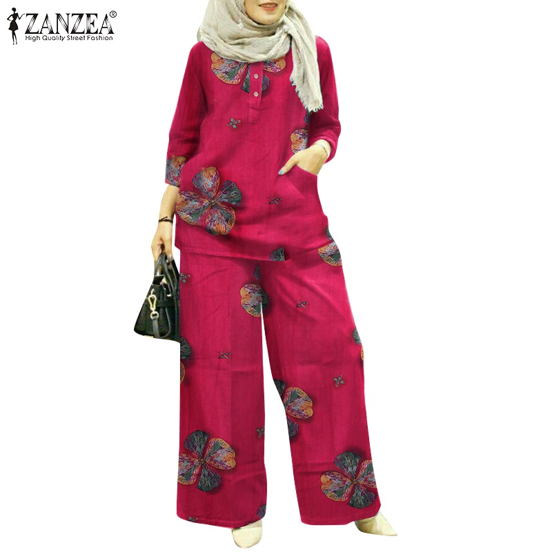 ZANZEA Set Đồ Dài 3/4 In Họa Tiết Hoa Phong Cách Hồi Giáo Cho Nữ