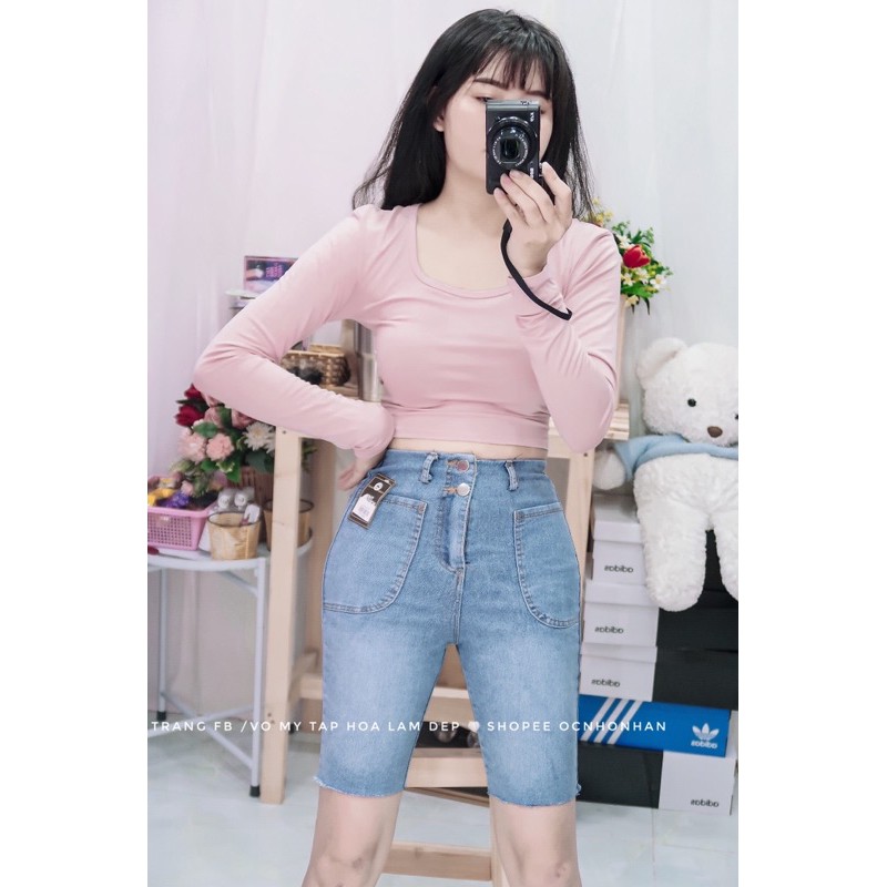 set áo croptop tay dài phối quần short