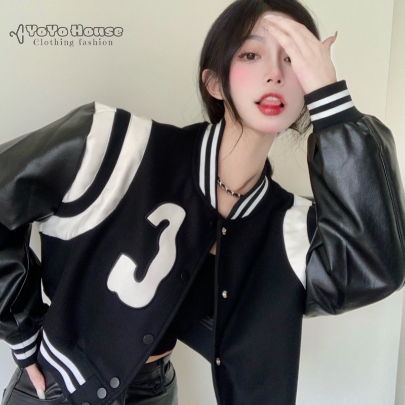 Áo khoác bóng chày bomber croptop da nữ phong cách Mỹ