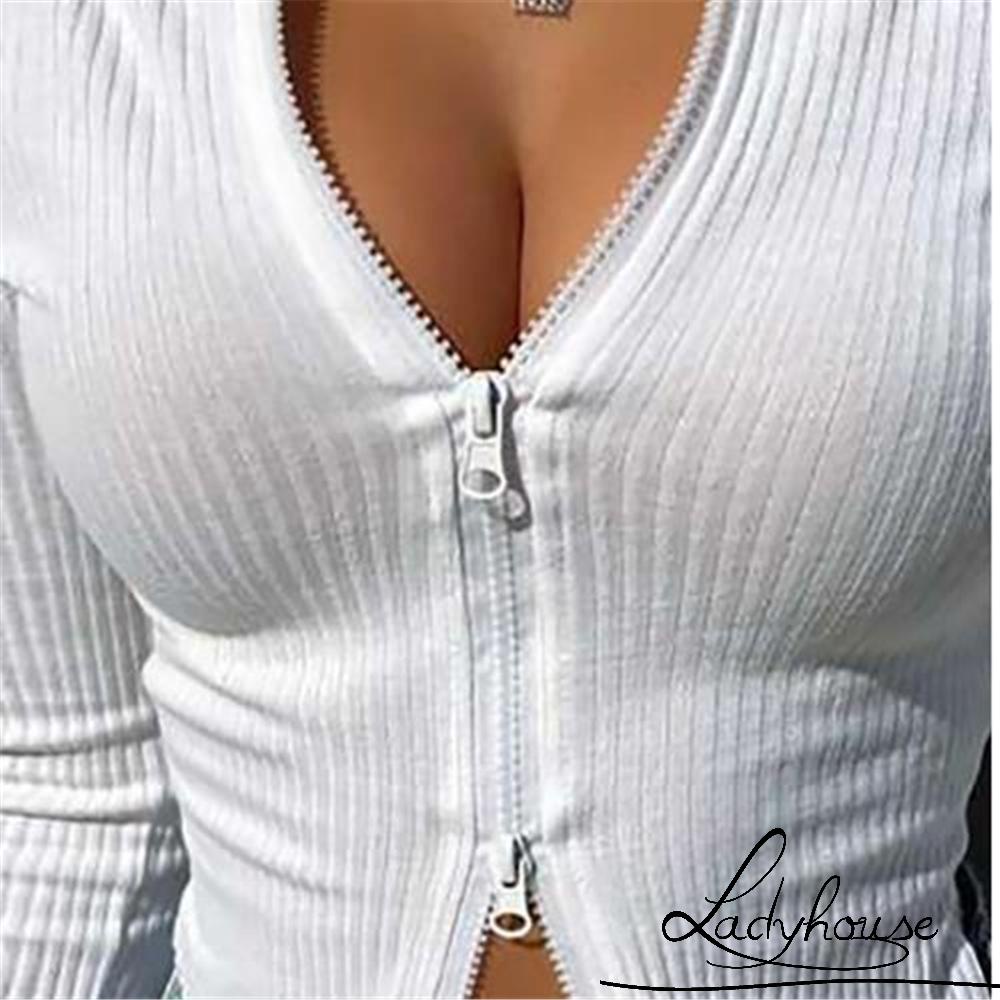 Áo croptop dệt kim cổ tròn tay dài màu sắc trơn có khóa kéo phong cách thời trang mùa thu quyến rũ cho nữ