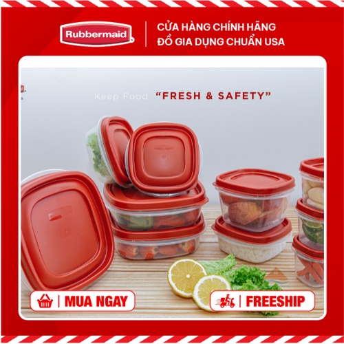 Bộ 10 hộp đựng thực phẩm RUBBERMAID CHÍNH HÃNG có nắp màu đỏ bằng nhựa PP cao cấp