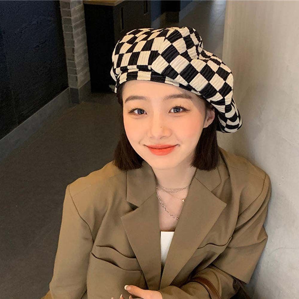 Mũ beret vải nhung họa tiết caro thời trang Hàn Quốc cổ điển mùa thu đông cho bạn nữ