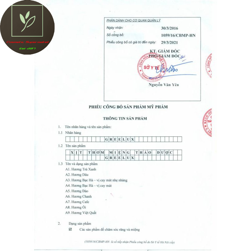 Xịt thơm miệng ngăn ngừa vi khuẩn GreeLux 12ml