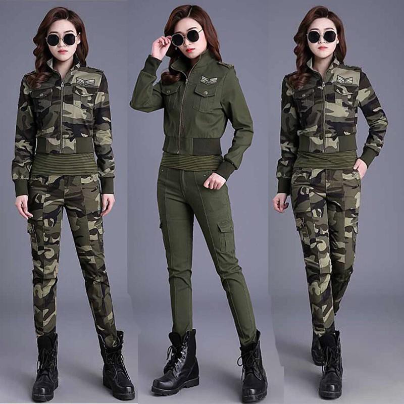 Bộ lính nữ chất liệu kaki cao cấp xét 3 món gồm quần dài áo thun trong và áo khoác như hình