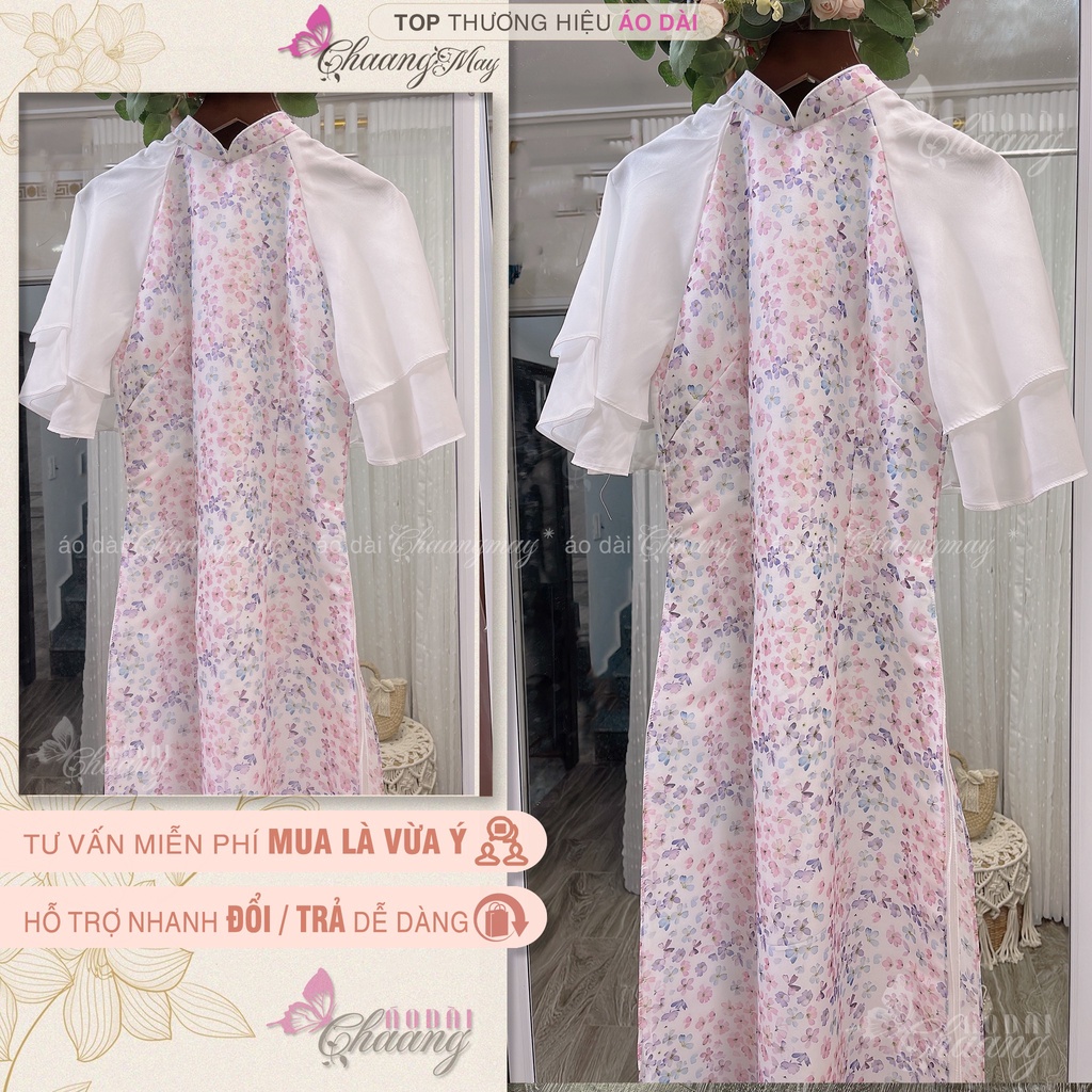 Áo dài cách tân nữ hoa nhí Ý Liên Chaang May sẵn Lụa Tơ in thiết kế tay loe dự tiệc thời trang lễ tết Đẹp