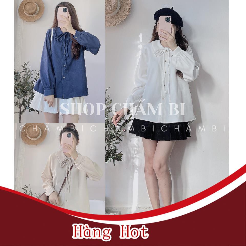 Áo sơ mi kiểu A.246, Áo kiểu nữ cổ đức hai tầng thắt dây nơ nhỏ dài tay phong cách Hàn Quốc