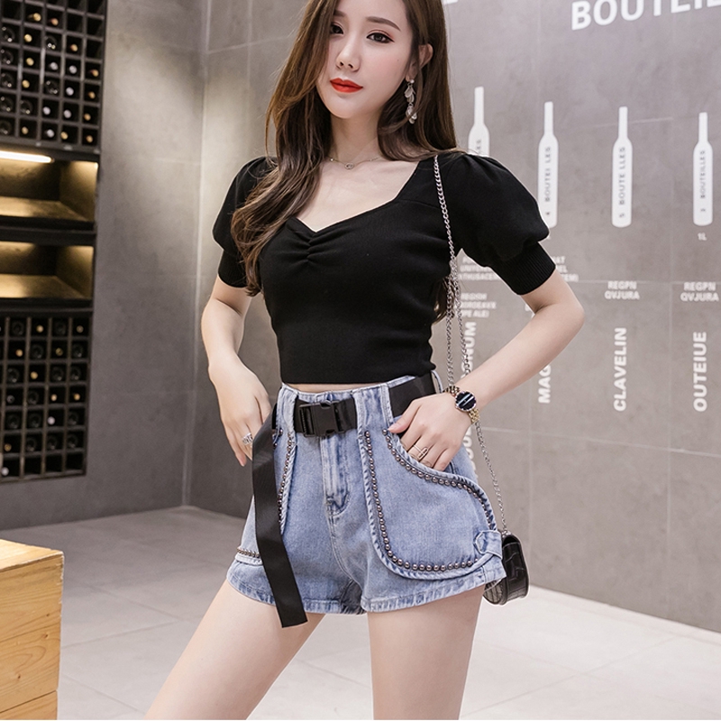 Quần Short Denim Lưng Thun Ống Rộng Phối Túi Trước Thời Trang Mùa Hè 2020