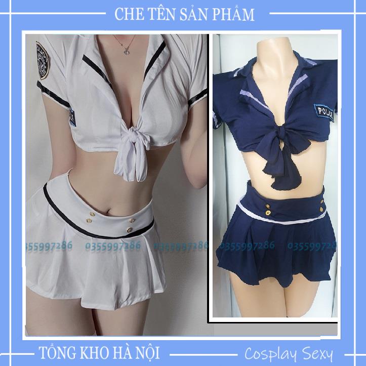 Cosplay Sexy Police Cảnh Sát - Bộ Đồ Ngủ Cosplay Sexy Tiếp Viên Hàng Không Gợi Cảm - P0lice Xanh Trắng
