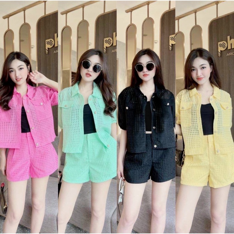 Sét bộ lưới nữ sơ mi tay ngắn kèm áo dây lót màu sắc trẻ trung GKM