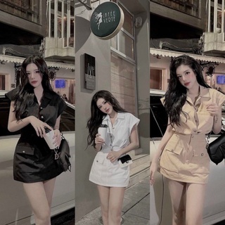 Set Đồ Nữ Ms.1270 Áo Sơ Mi Tay Hến Chất Thô Dáng Suông Đính Cúc Đồng Phối Chân Váy Chữ Á túi Hộp