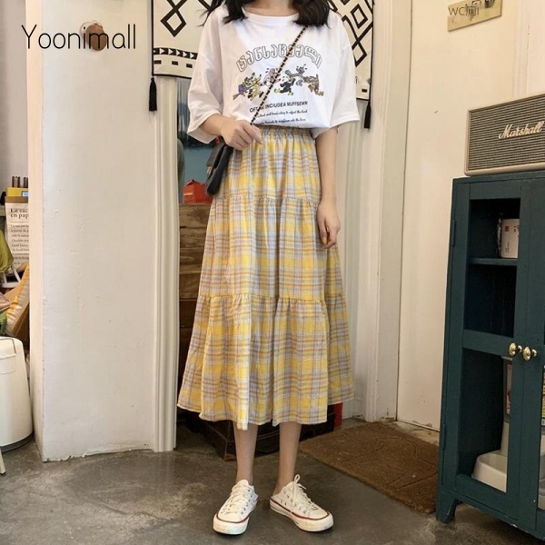 Chân Váy Chữ a Xếp Ly Dài Qua Gối Lưng Cao Họa Tiết Kẻ Sọc Ca Rô Thời Trang Mùa Hè Dành Cho Nữ 2021