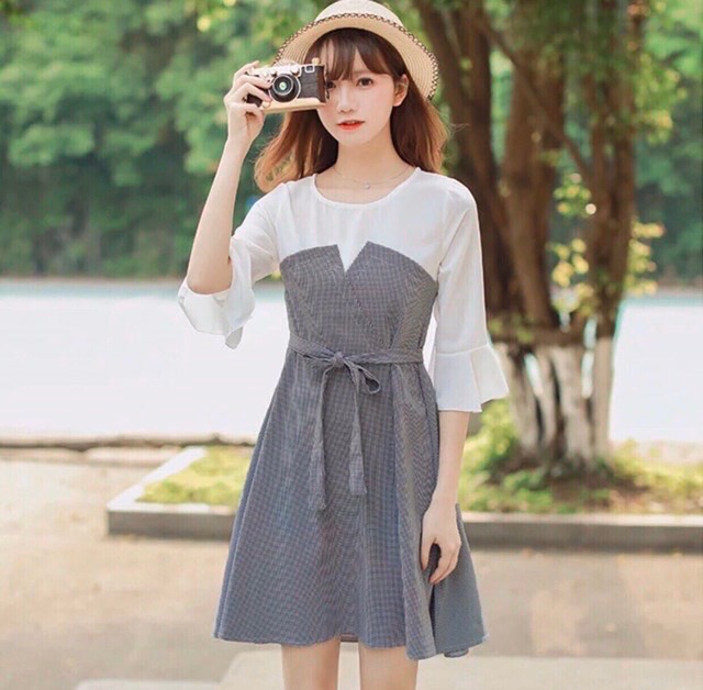 Đầm xoè caro tay loe MH