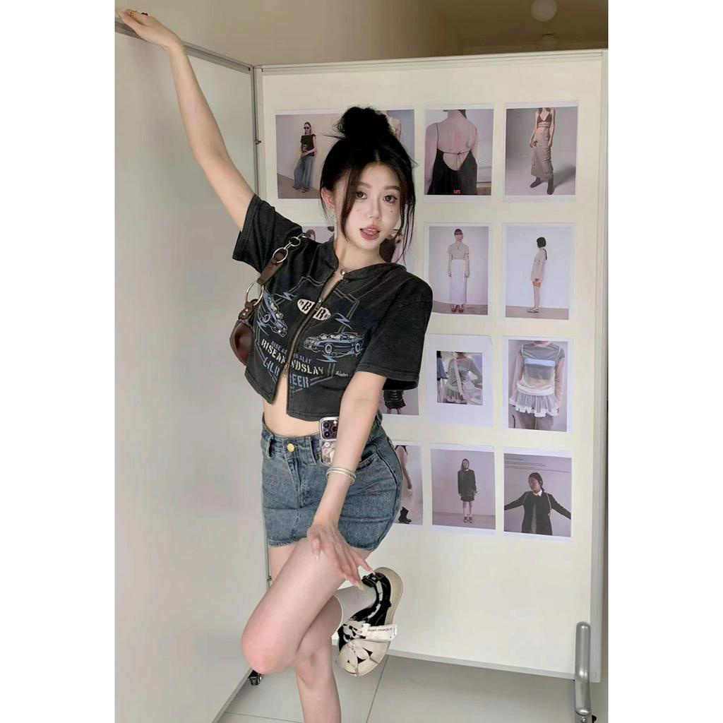 Ethelgirl  Thun Tay Ngắn Hai Đầu Có Khóa Kéo In Họa Tiết Cổ Điển Phong Cách Mỹ Thời Trang Cho Nữ