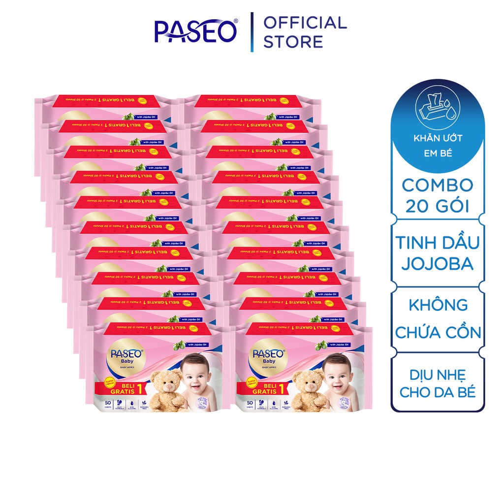 Combo 20 gói khăn ướt em bé Paseo không cồn, không parabens chiết xuất tinh dầu quả Jojoba (50 tờ)/gói