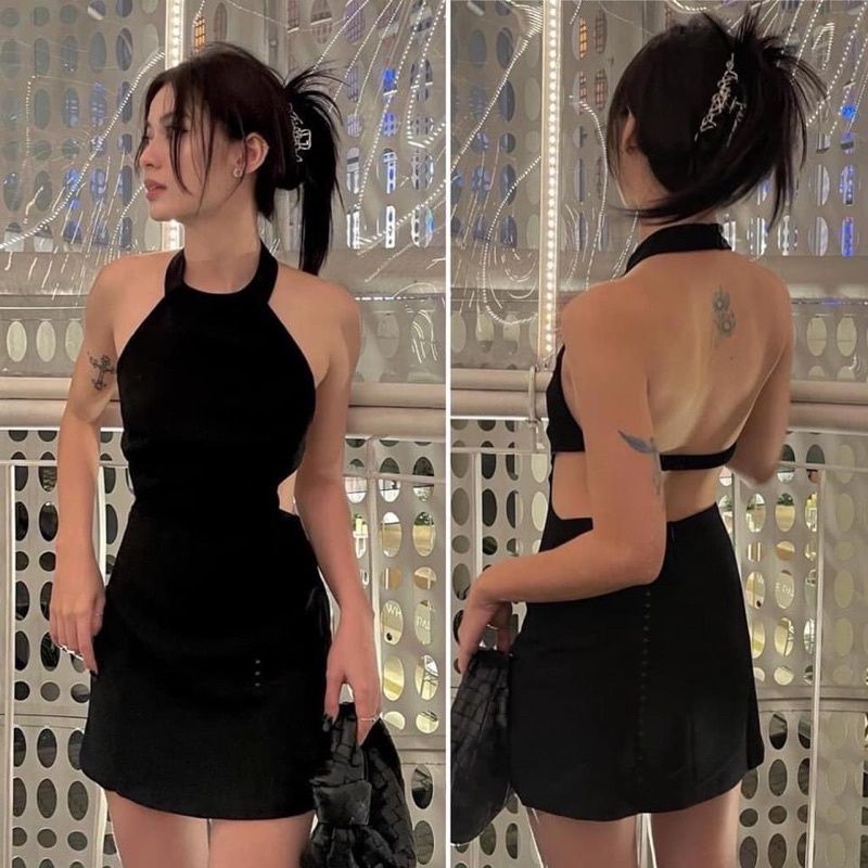 Đầm Thun Cổ Yếm Hở Lưng Một Dây Ngang - Dáng Ngắn Form Ôm Body Sexy - Chất Thun Gân Dày