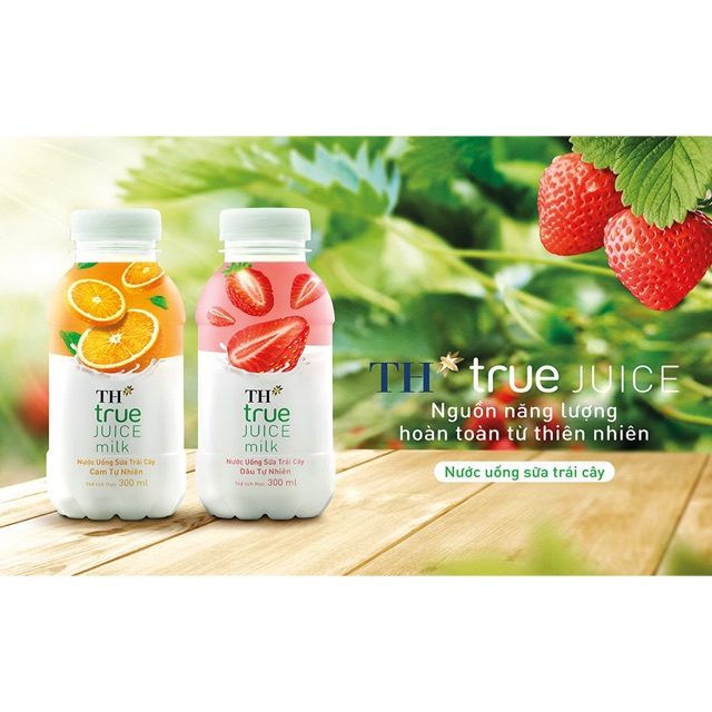 Thùng 24 Chai Nước uống sữa Trái cây Hương Dâu, Cam TH True Juice Milk Chai nhựa 300ml