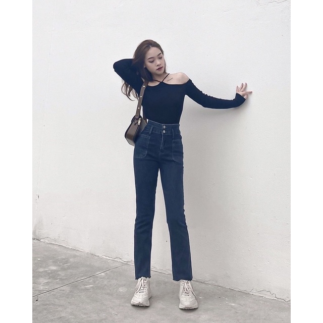 Quần Kiara Jeans Ống Đứng Cạp Cao Co Dãn