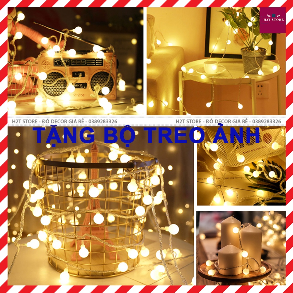 Dây đèn led trang trí phòng ngủ cherry ball , đèn led dán tường dùng pin hoặc usb tặng kèm dây và kẹp gỗ treo ảnh