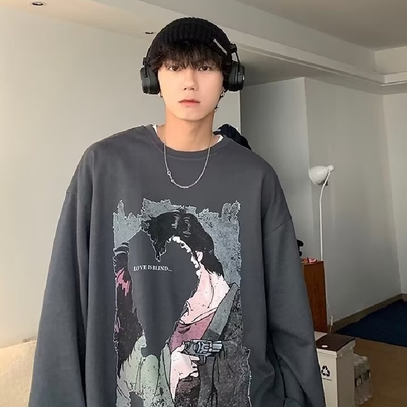 Áo Thun Tay Dài Dáng Rộng In Họa Tiết Hoạt Hình Phong Cách Hip Hop Hàn Quốc Thời Trang Cho Nam size M-5XL