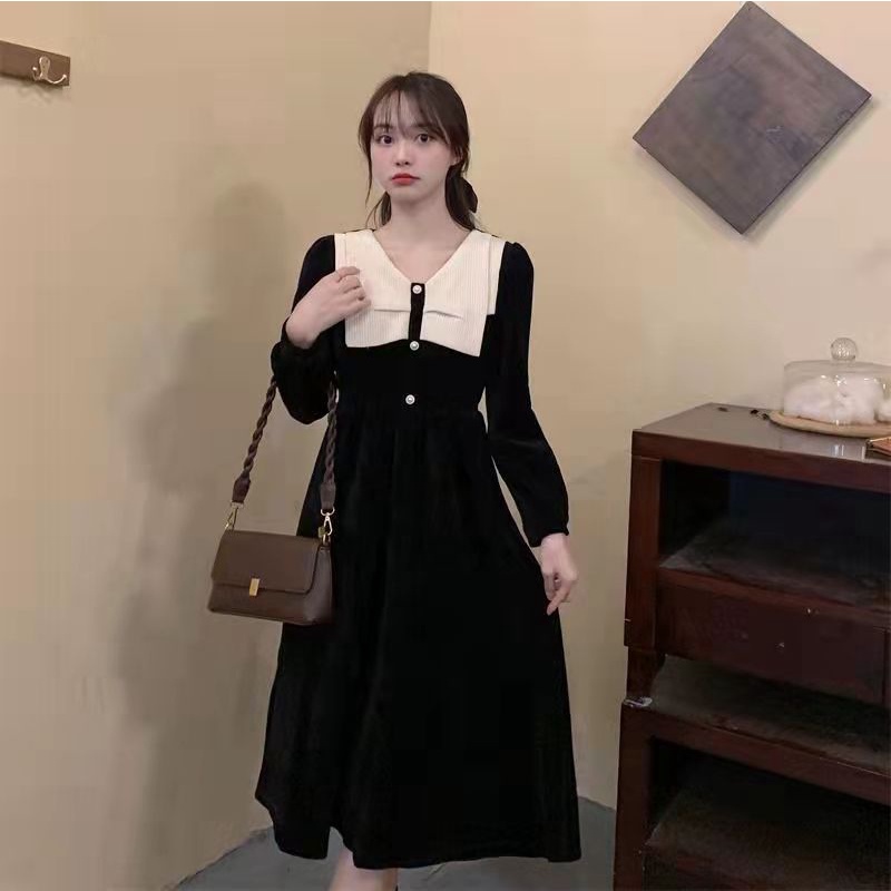 Đầm Perty nhung kẻ dáng ôm tay phồng thời trang Hàn Quốc dành cho nữ