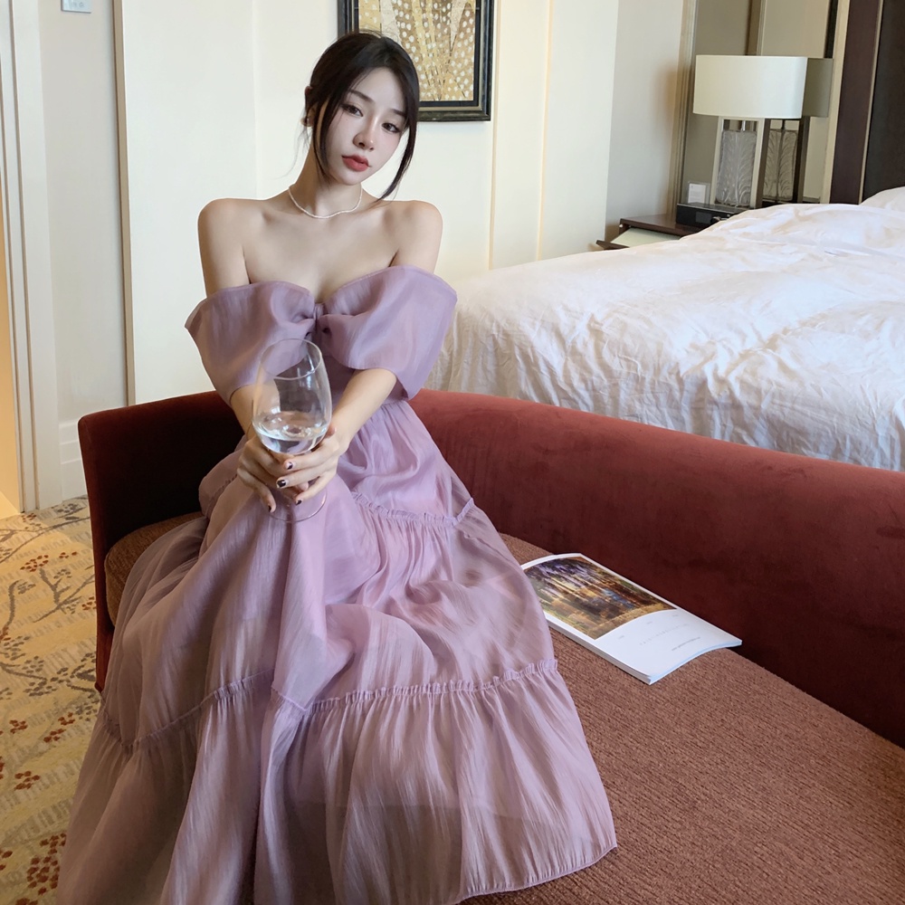 Đầm maxi tím nơ trễ vai  170222