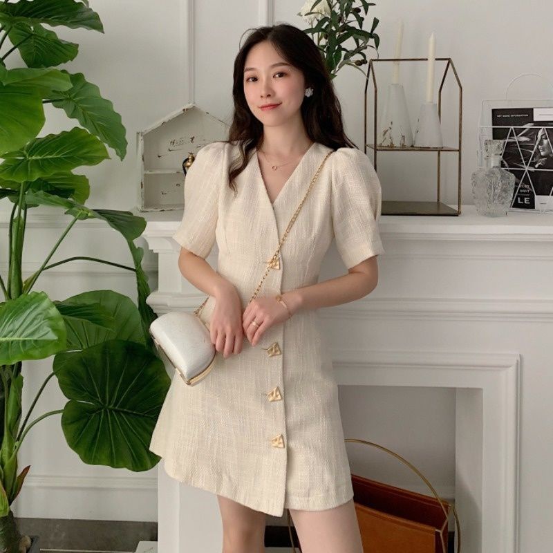 Đầm váy ngắn tay vải thô phong cách trẻ trung thanh lịch công sở