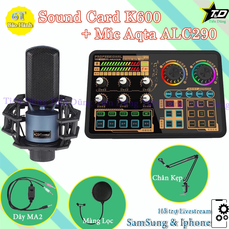 Bộ Livestream Mic Aqta ALC290 Sound Card K600 Có Bluetooth Autu-tune Chân Kẹp Dây Livestream MA2- micro thu âm đầy đủ