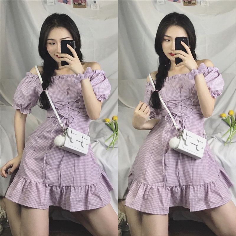 Váy dáng xòe ulzzang họa tiết ô caro nhỏ màu tím - Có ảnh thật