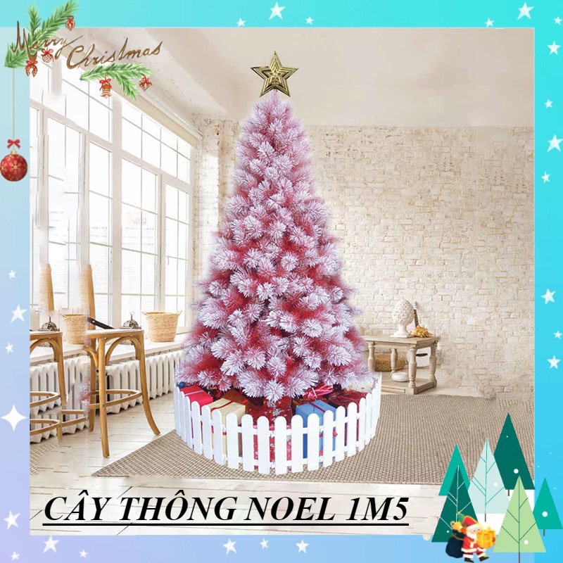 Cây thông noel phủ tuyết 1m5 cước màu đỏ  – cây tự động trang trí giáng sinh nhà thờ, phòng khách kèm ngôi sao đỉnh