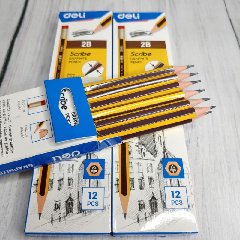 ✅ Bút Chì 2B Deli - Viết Chì Có Đầu Gôm - Scribe - Kẻ Sọc Vàng Sọc Đen - C004-2B