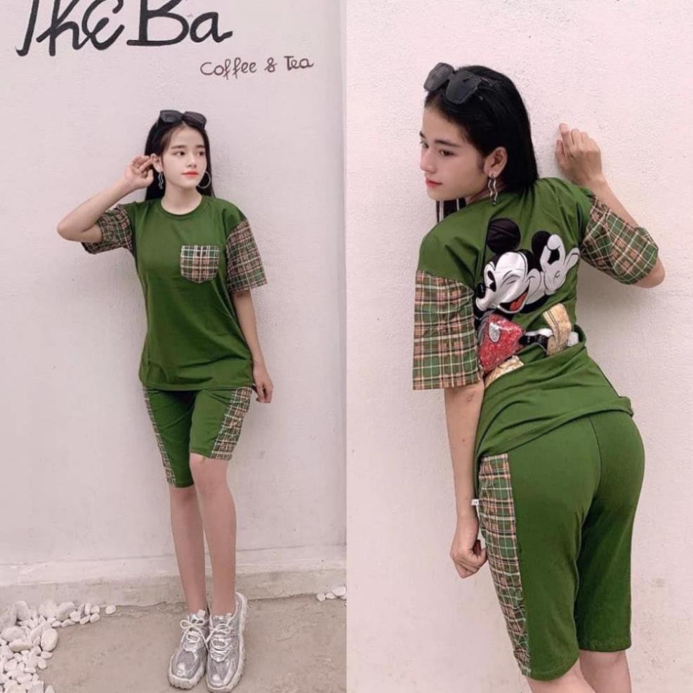 Đồ Bộ Nữ MIC06228 Đồ Bộ Mặc Nhà Chất Cotton Đẹp Hình In Mickey Sọc Ca Rô 2 Bên Size 40KG - 80KG | BigBuy360 - bigbuy360.vn