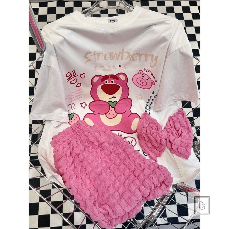 SÉT BỘ ÁO THUN COTTON IN HÌNH GẤU DỄ THƯƠNG PHỐI QUẦN XỐP Ô VUÔNG CỰC HOT UP