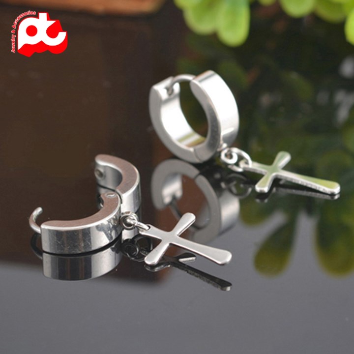 Bông tai nam inox đẹp thời trang cao cấp titan kiểu khoen tròn tòn ten phụ kiện hình thánh giá trangsucpt PTBTNA152