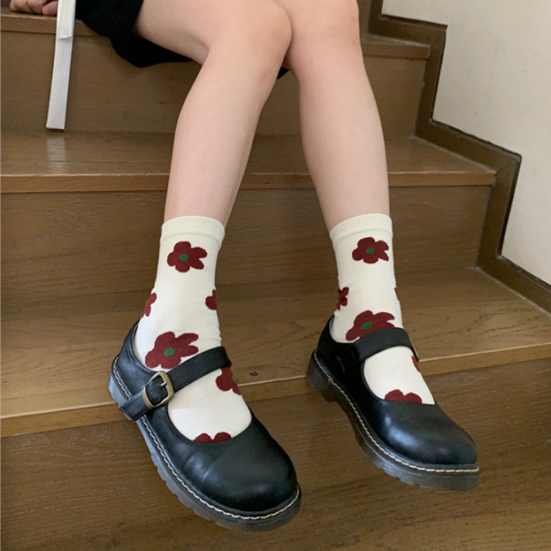 Vớ Cotton Cổ Cao Họa Tiết Bông Hoa Phong Cách Hàn Quốc Thời Trang Xuân Thu Cho Nữ
