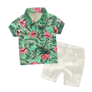Set áo sơ mi cổ bẻ in hoa + quần short trắng cho bé