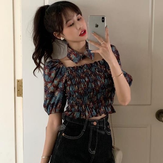 AMOI Áo Kiểu Tay Phồng Cổ Vuông Họa Tiết Hoa Phong Cách Retro Hàn Quốc