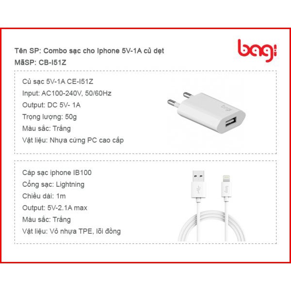 BAGI - COMBO CỦ SẠC + CÁP SẠC LIGHTNING BAGI CB-I51Z CHO IPHONE BH12T