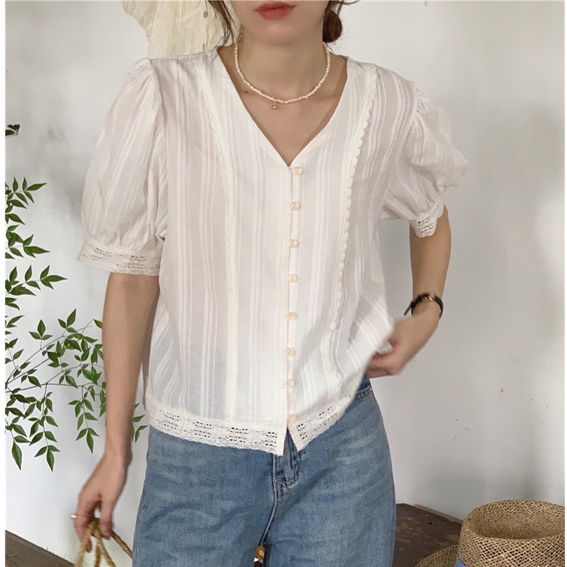 Áo Kiểu Tay Ngắn Cổ Chữ V Màu Trơn Phối Ren Phong Cách Hàn Quốc Có 2 Màu Sắc Lựa Chọn 53262