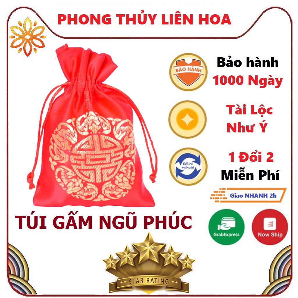 Túi Gấm Ngũ Phúc màu Đỏ phong thủy cao cấp - PHONG THỦY LIÊN HOA