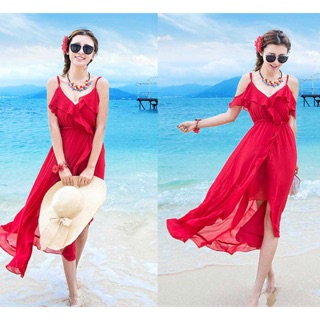 Váy maxi voan đi biển mặc 2 kiểu trễ vai, 2 dây, có ảnh thật