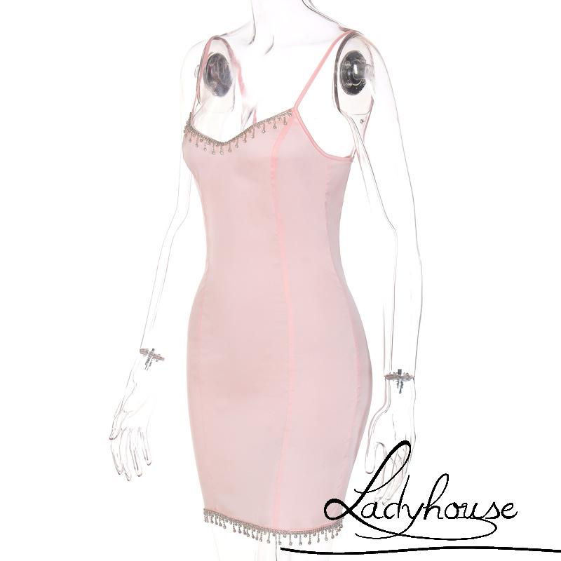 LD-Ladies Suspender Night Skirt, Women Solid Color V-neck Rhinestone Decoration Sleeveless Slim Nightdress Leisure Wear