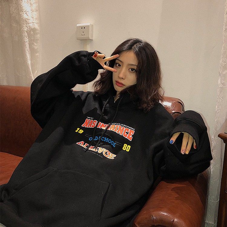 Áo hoodie vải nhung dáng rộng phong cách Harajuku Hàn Quốc thời trang thu đông hàng mới 2021