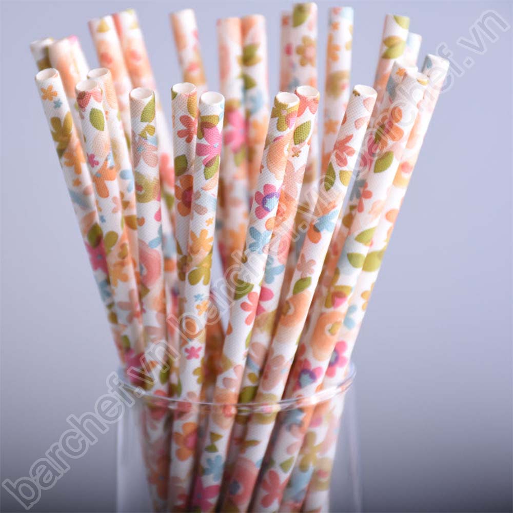 Ống hút giấy phi 6, dài 19.7 cm BC002 (hình hoa hồng cổ điển, nền màu kem) - túi 25 ống hút